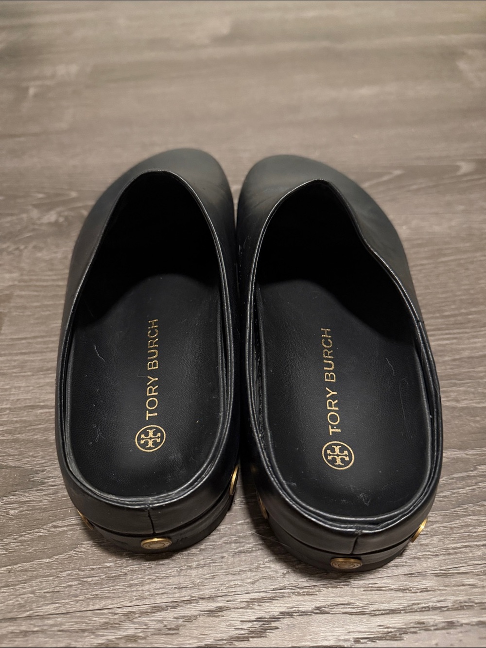 Tory Burch Black Leather Slip-On Mules with Gold Accents - Picture 3 of 8